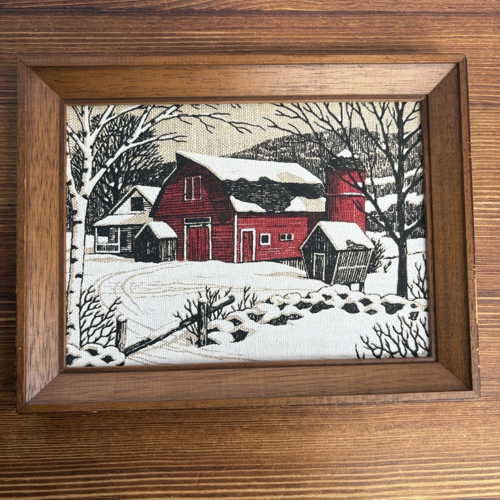 Vintage Kay Dee HandPrints Linen Framed Winter Farm Scene Red Barn 9.5x7.5